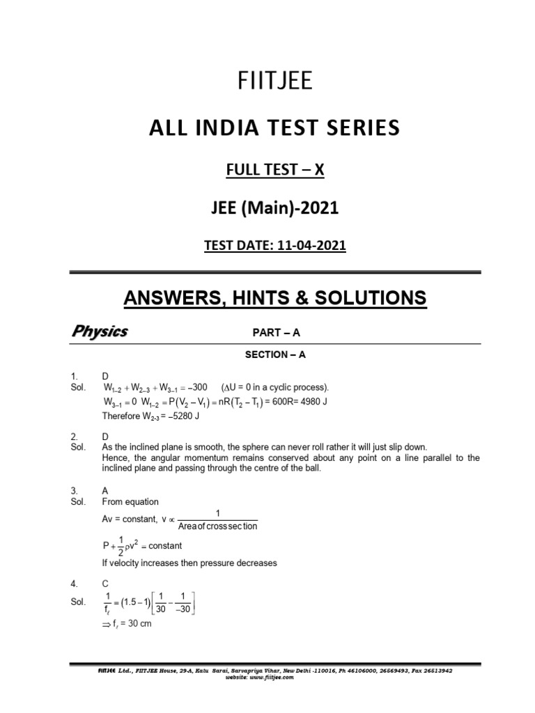 JEE Main 2021 Full Test Solutions | PDF | Magnet | Tangent