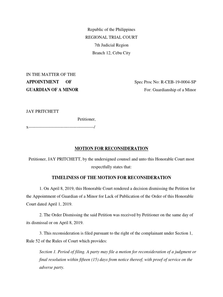 Motion for Reconsideration: Guardianship Case | PDF | Government ...