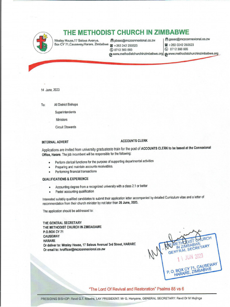 Accounts Clerk - Internal Advert Connexional Office | PDF