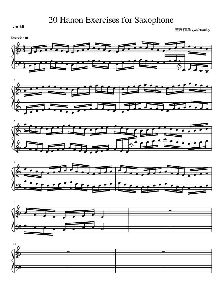20 Hanon Exercises For Saxophone Wind Instrument | PDF