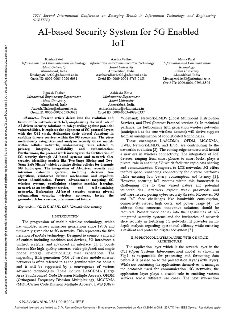 Ai based security system for 5g enabled iot pdf computer network