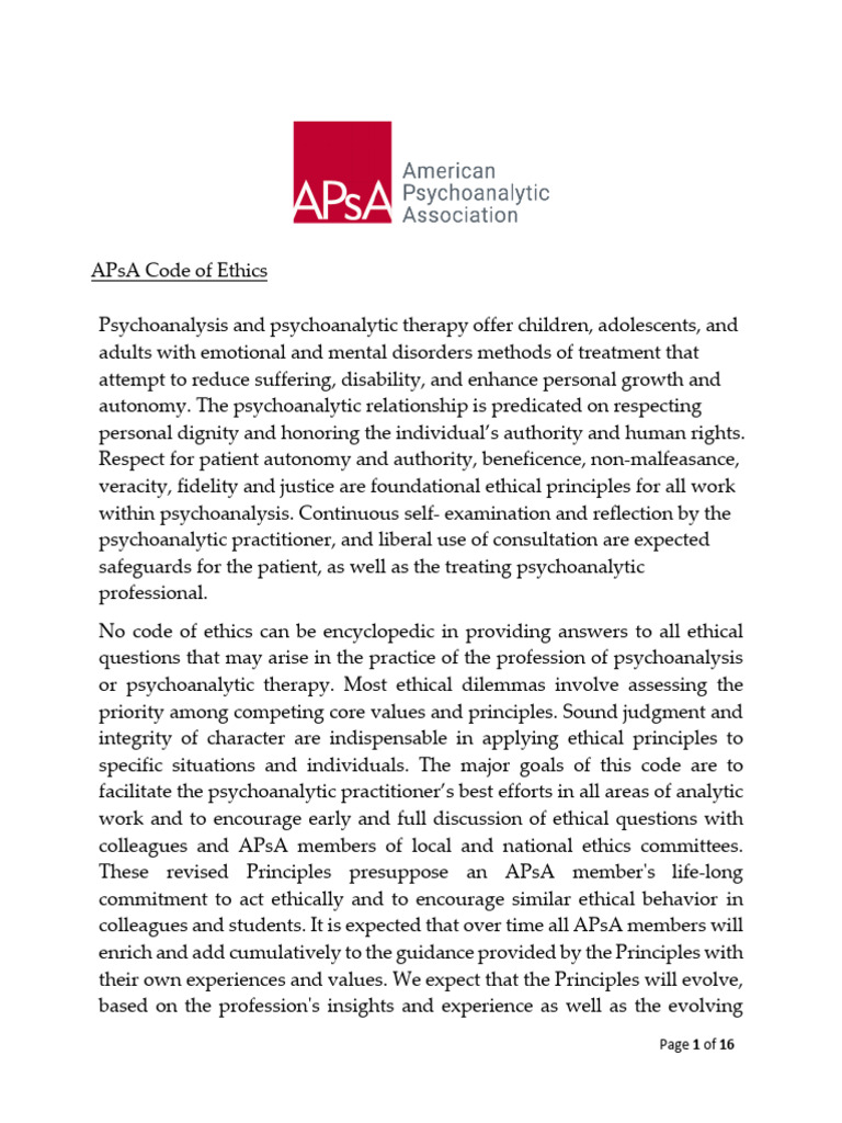 APsA Code of Ethics PDF Confidentiality Psychoanalysis
