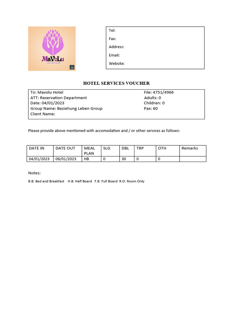 Hotel Services Voucher for Group Booking | PDF