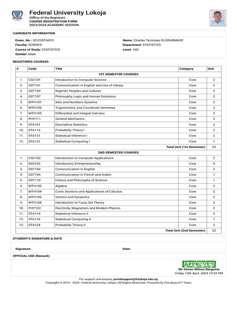 Charles Course Registration Form - FUL | PDF | Science | Mathematics