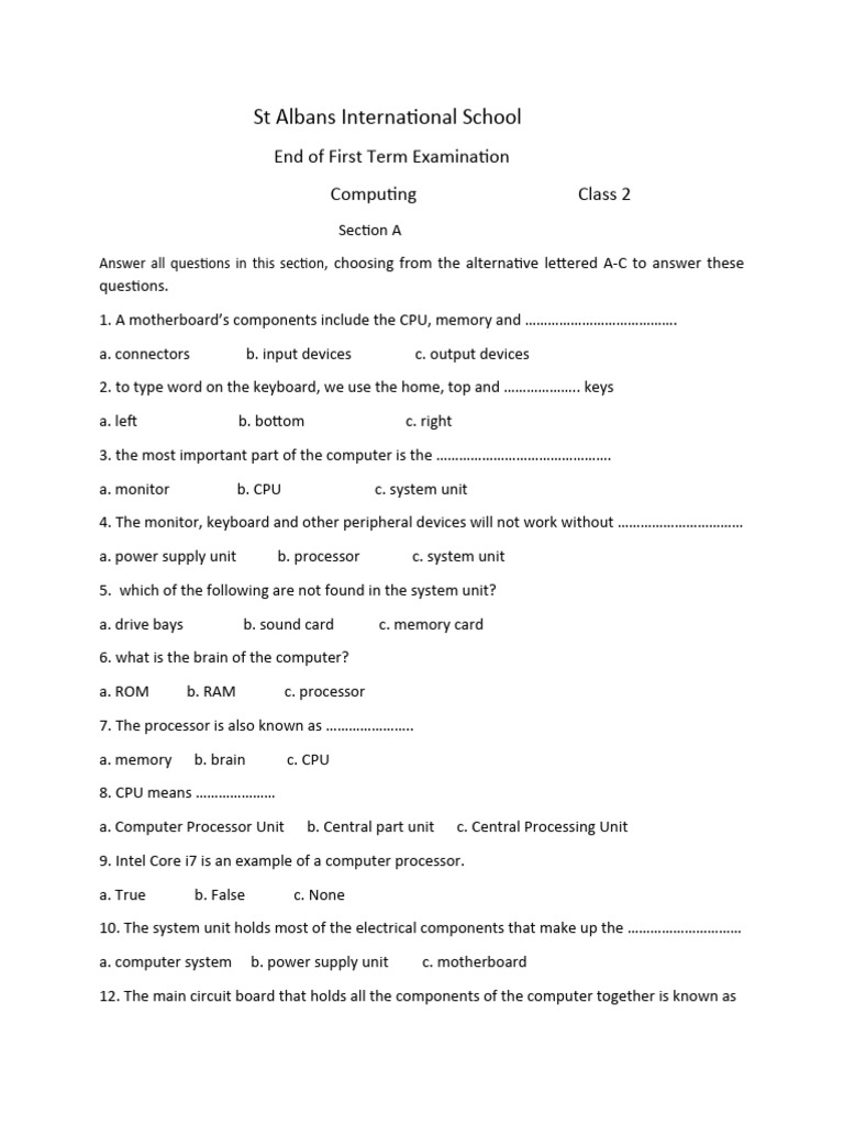 Computing Exam for Class 2 Students | PDF | Network Interface ...