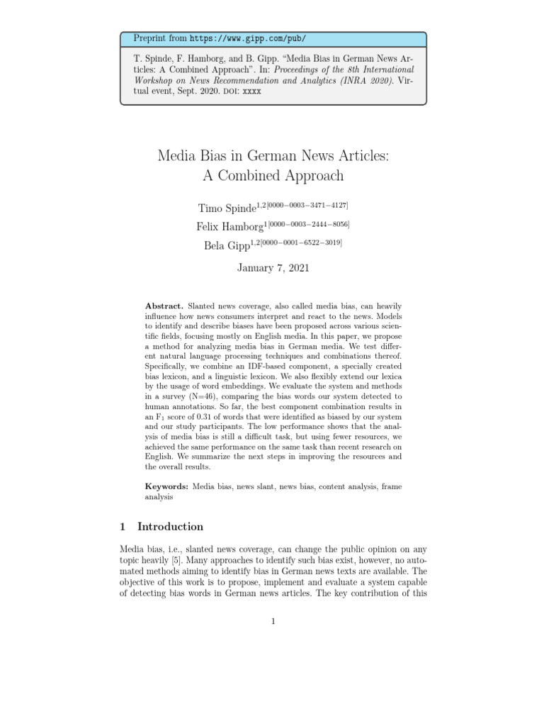 Media Bias in German News Articles A Combined Approach | PDF | Media ...