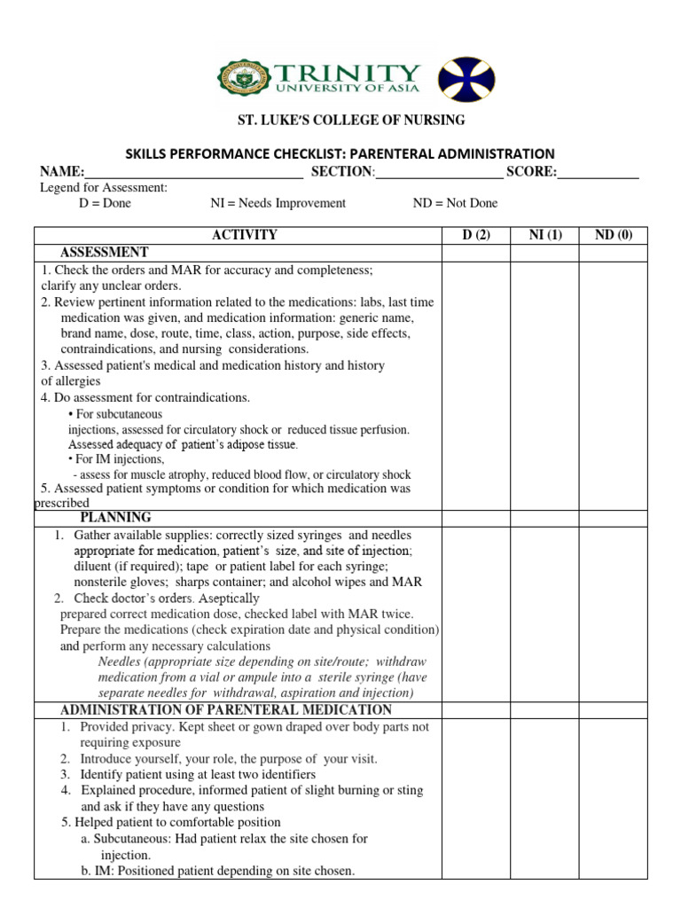 Parenteral Administration Skills Checklist | PDF | Injection (Medicine ...