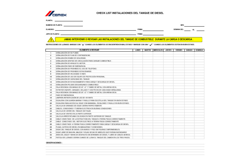 Instalación Tanque de Diesel Check List | Descargar gratis PDF | Tanques