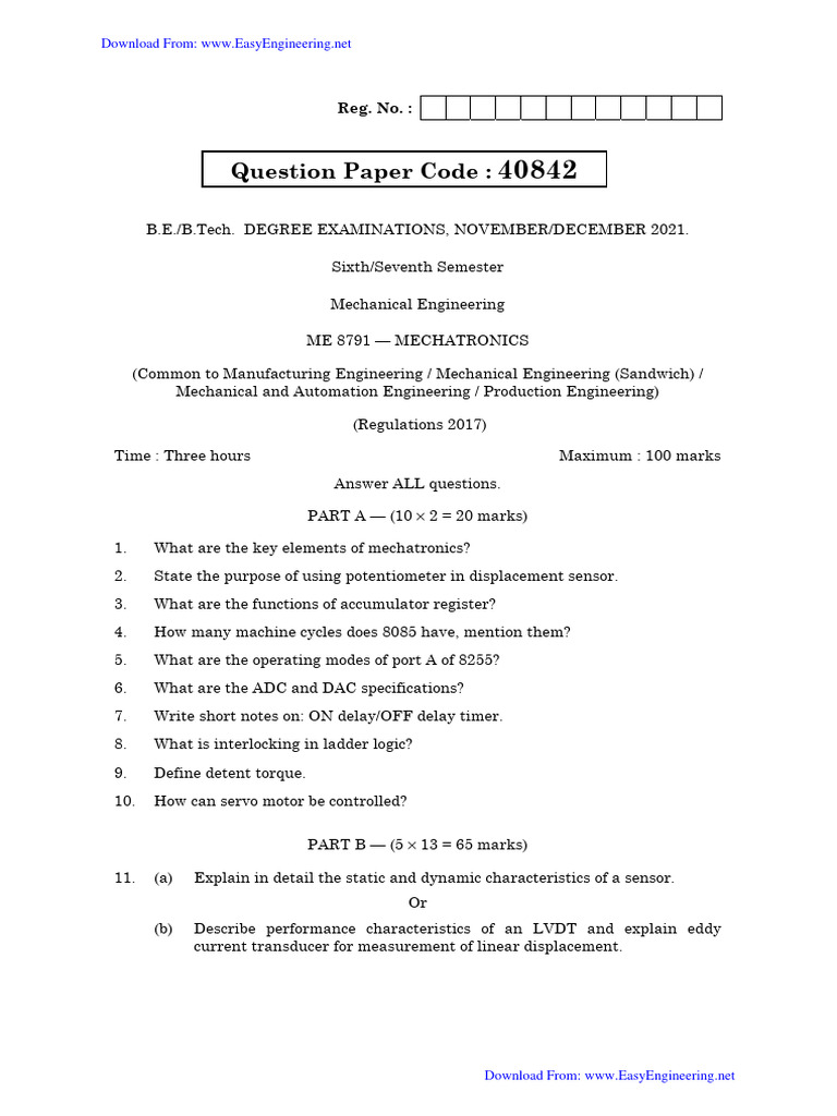 ME 8791 Mechatronics Exam Paper 2021 | PDF | Mechatronics | Mechanical ...