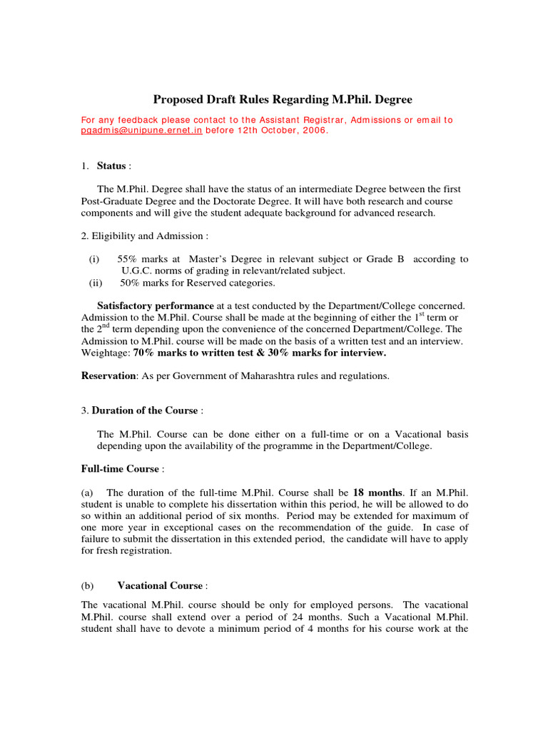 Proposed Draft Rules Regarding M.Phil. Degree | PDF | Thesis ...