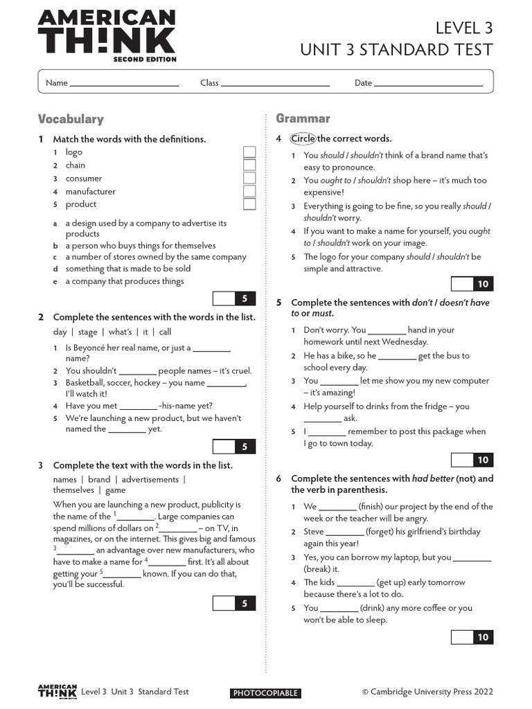 Level 3 Unit 3 Standard Test | PDF