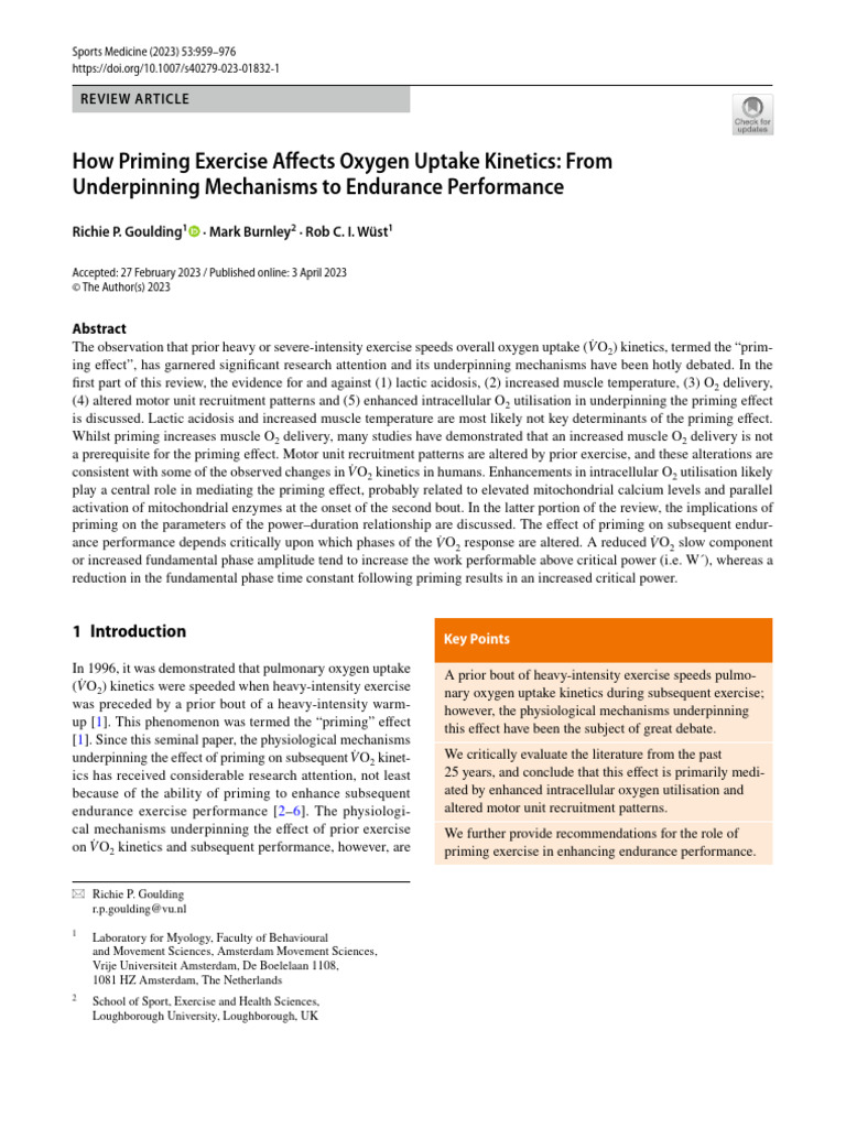 Priming Exercise and Oxygen Uptake Kinetics | PDF | Chemical Kinetics ...
