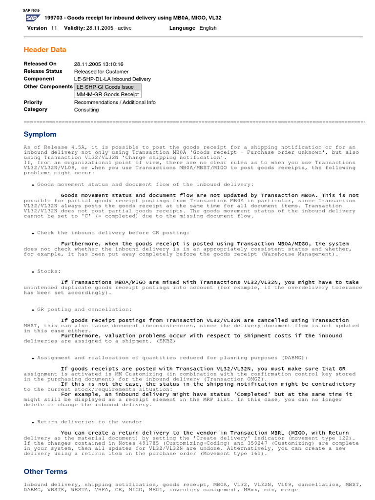 0000199703-Goods Receipt For Inbound Delivery Using MB0A, MIGO, VL32 ...