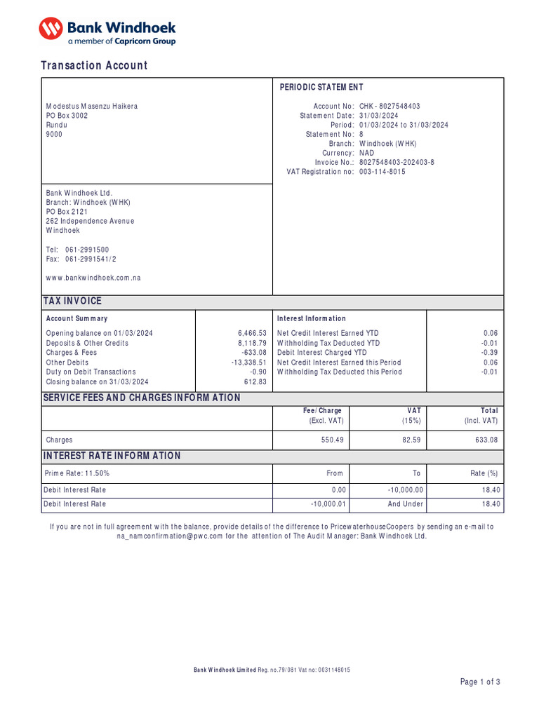 Bank Windhoek Debit Interest Rate Statement | PDF | Debit Card ...
