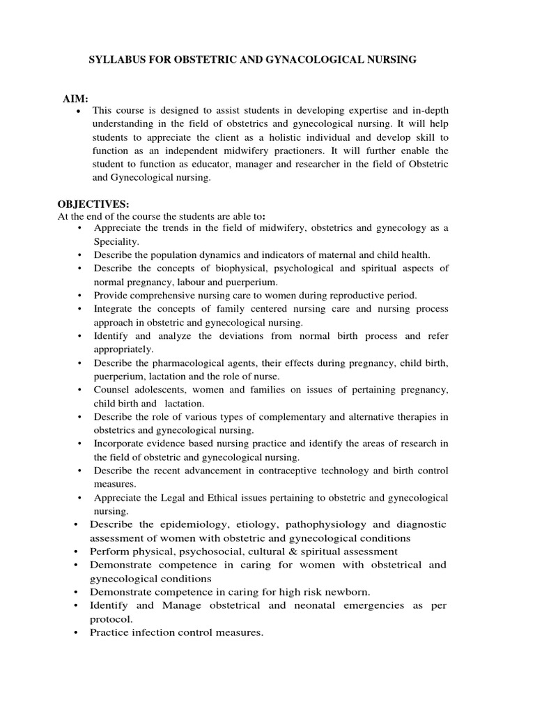 Obstetric and Gynecological Nursing Syllabus | PDF | Childbirth ...