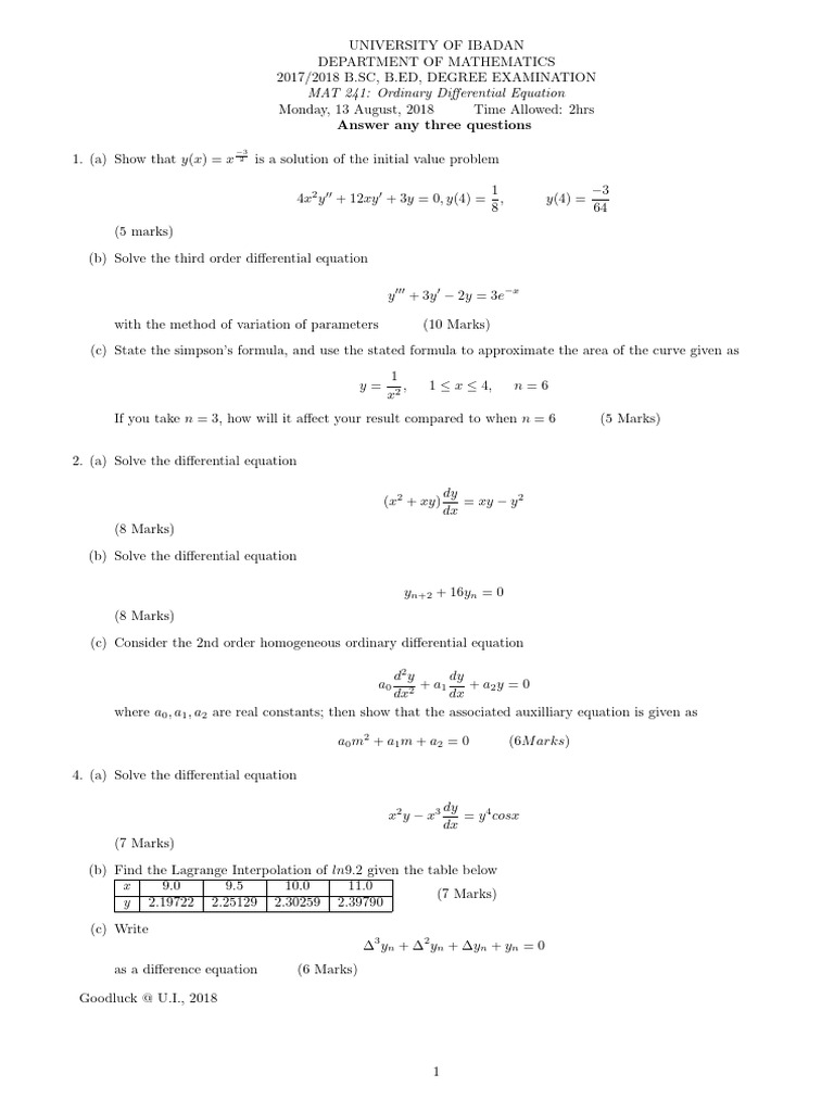 Ordinary Differential Equations Exam 2018 | PDF | Equations ...