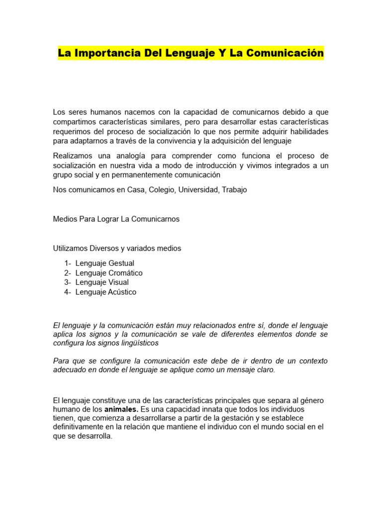 La Importancia Del Lenguaje y La Comunicacion | PDF | Artes del ...