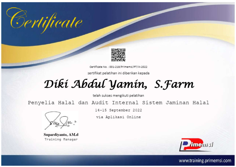 Sertifikat Diki Abdul Yamin | PDF