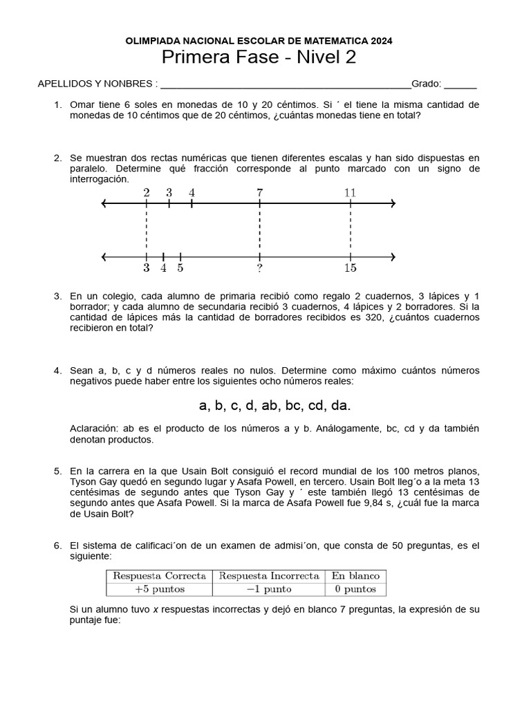 Examen ONEM 2024 Nivel 2 Fase 1 | PDF | Matemáticas