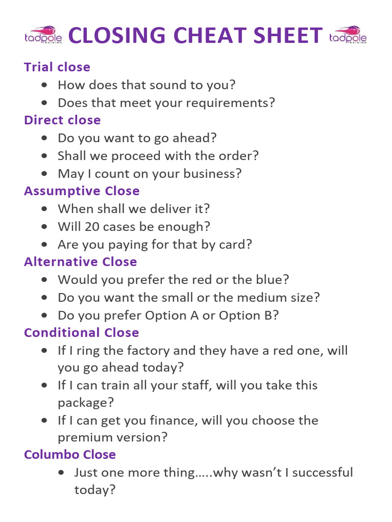 Closing Cheat Sheet | PDF | Business | Self-Improvement