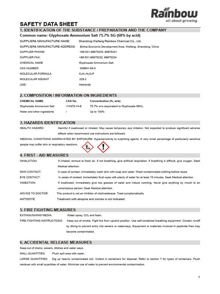 SDS of Glyphosate 75.7 SG PDF Toxicity Water