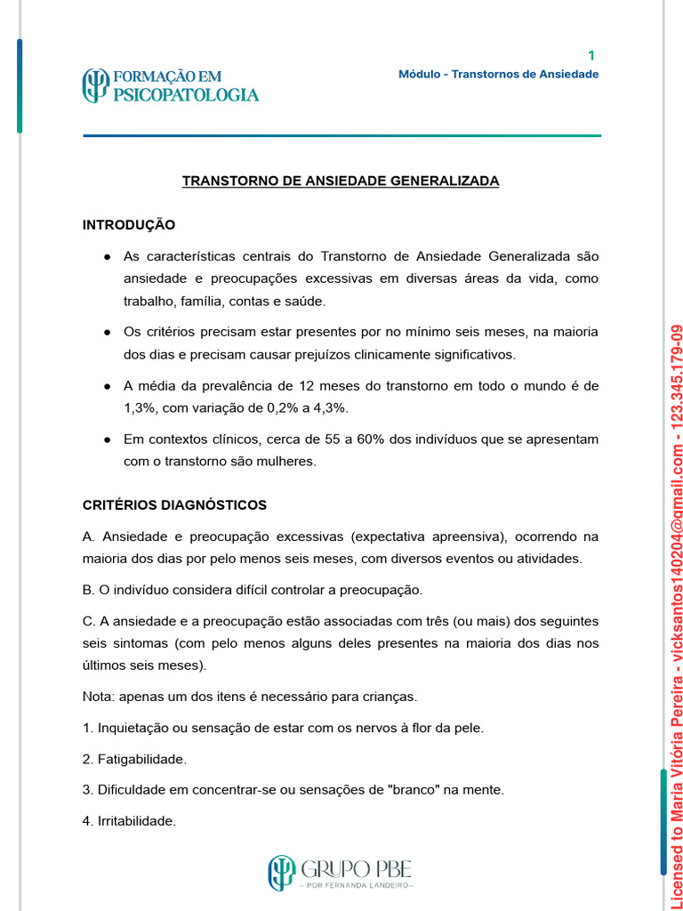 Transtorno de Ansiedade Generalizada | PDF | Ansiedade | Distúrbio mental