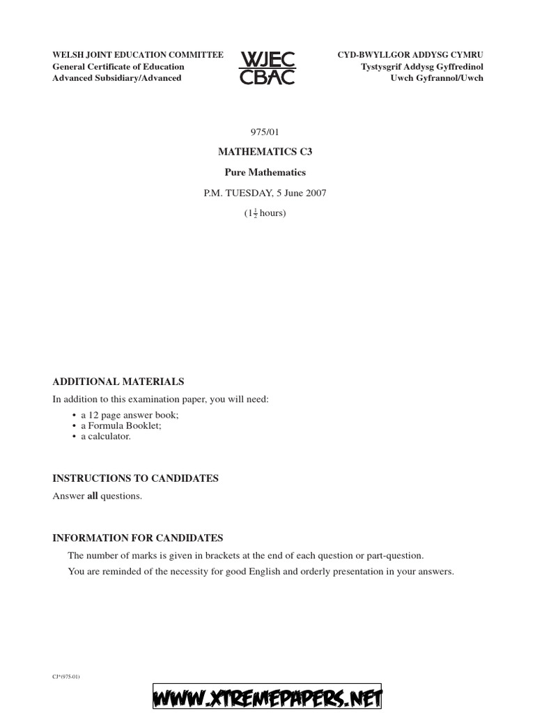GCE Mathematics C3 Exam Paper 2007 | PDF | Function (Mathematics ...