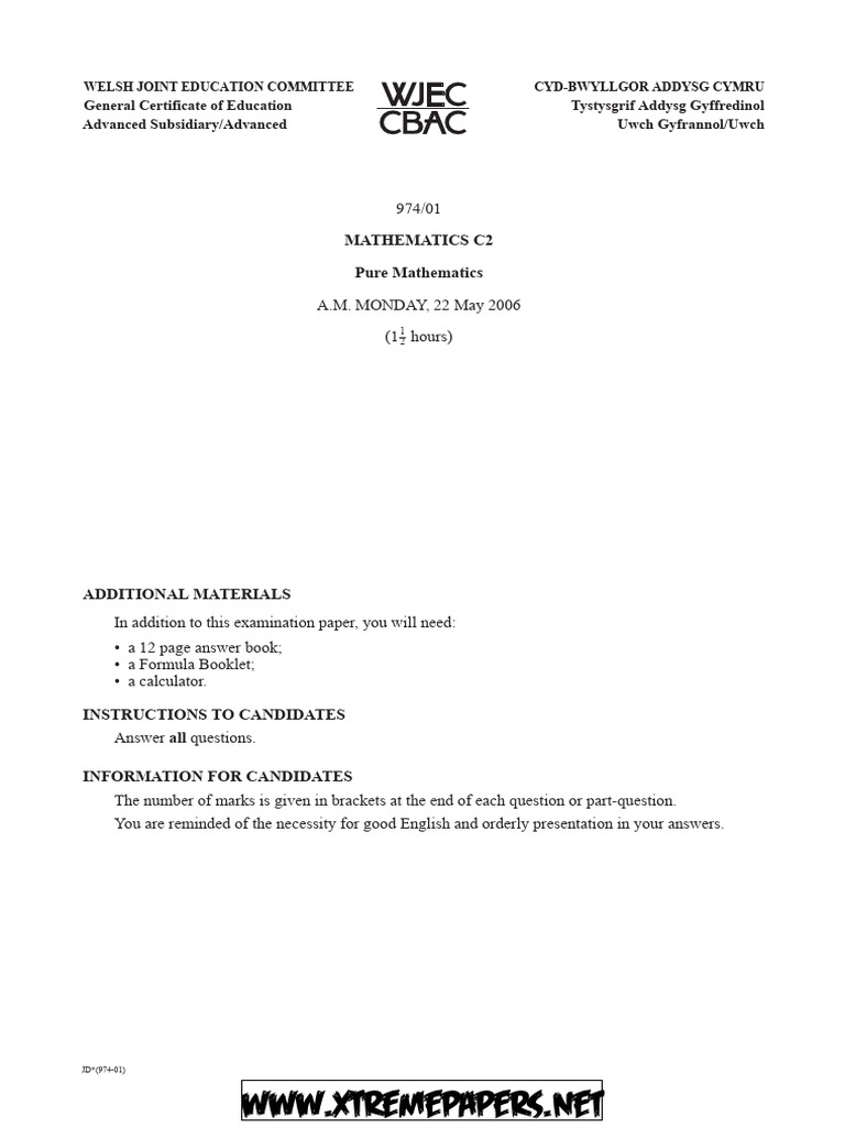 2006 Pure Mathematics C2 Exam Paper | PDF | Mathematical Objects ...