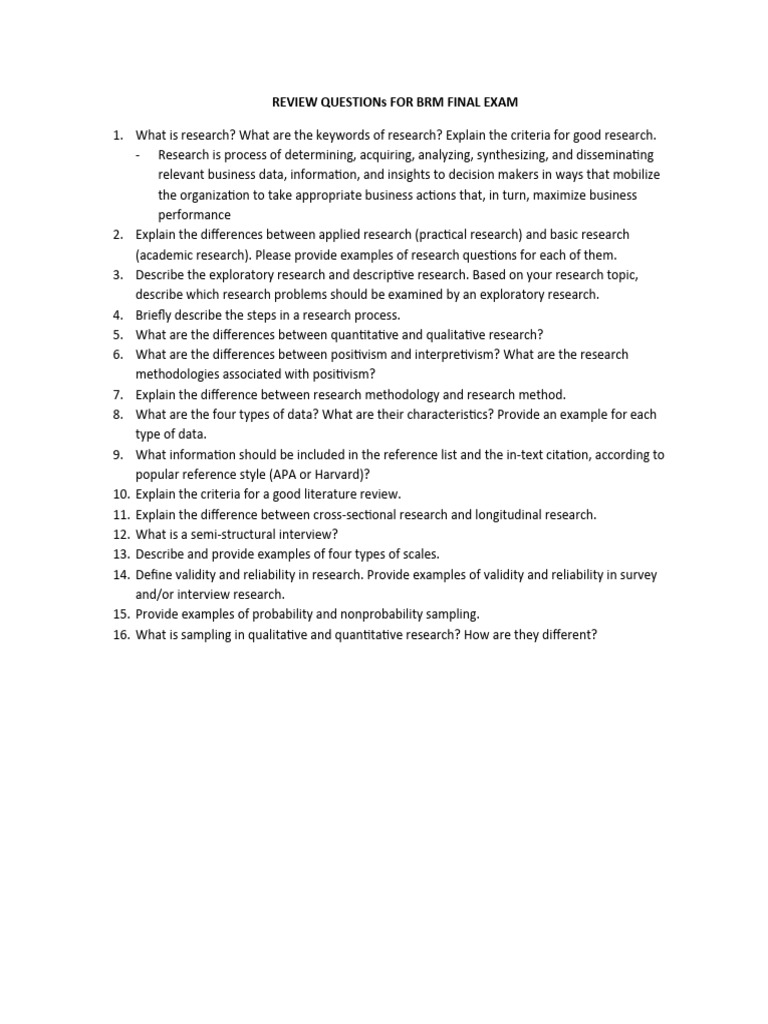 REVIEW QUESTIONs FOR BRM FINAL EXAM | PDF | Career & Growth