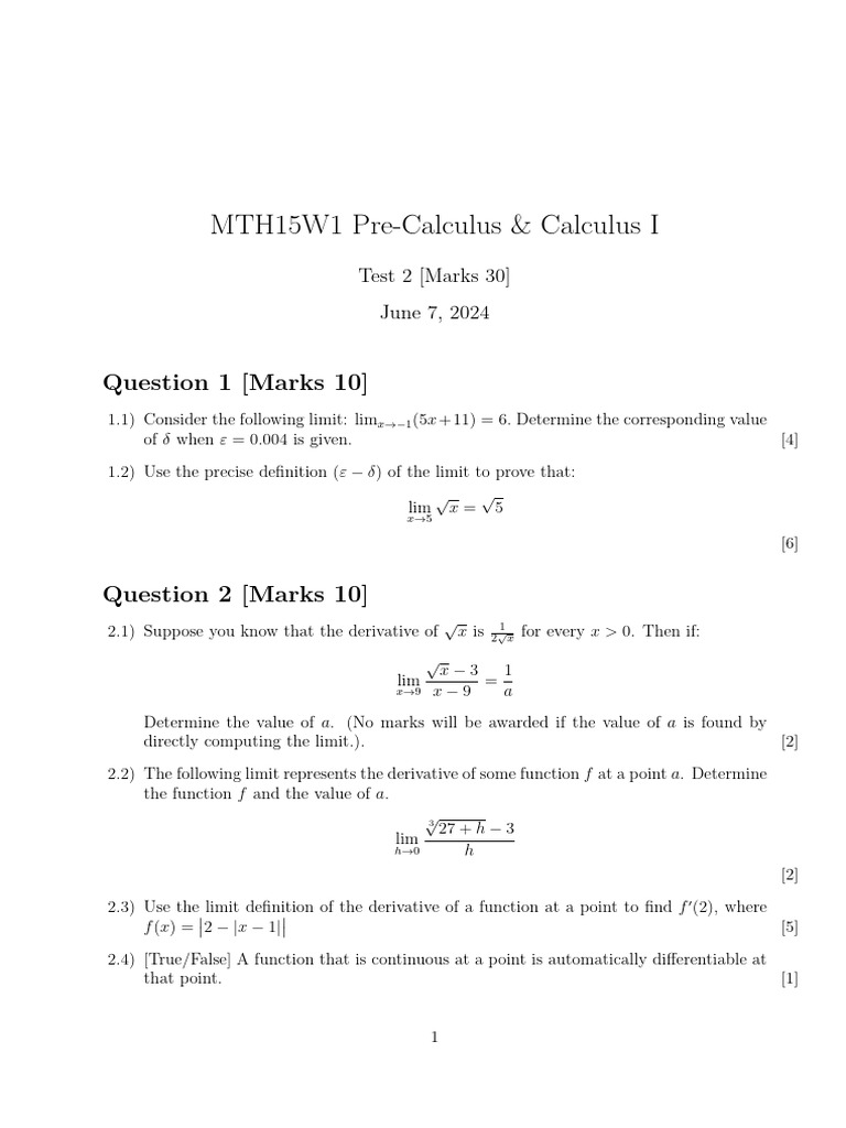 Pre-Calculus & Calculus I Test 2 Guide | PDF | Derivative | Calculus
