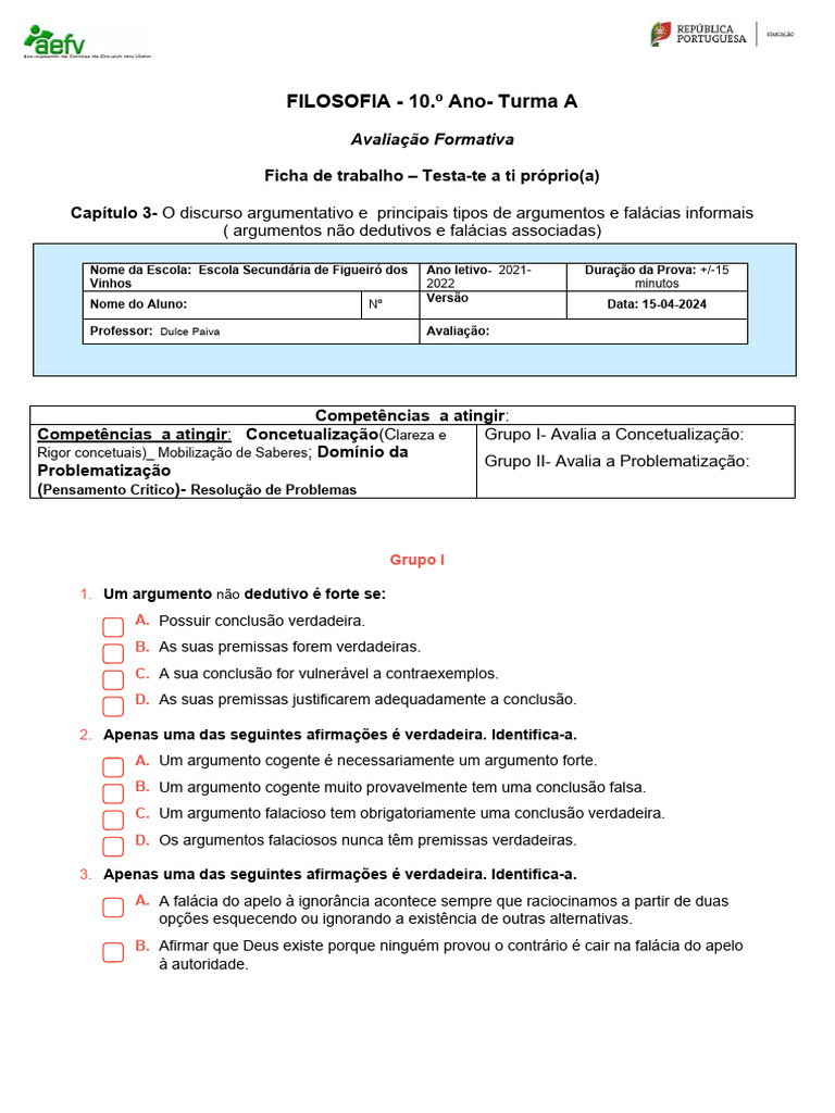 Anexo 4-Ficha de Trabalho - FalÃ¡Cias Informais | PDF | Falácia | Argumento