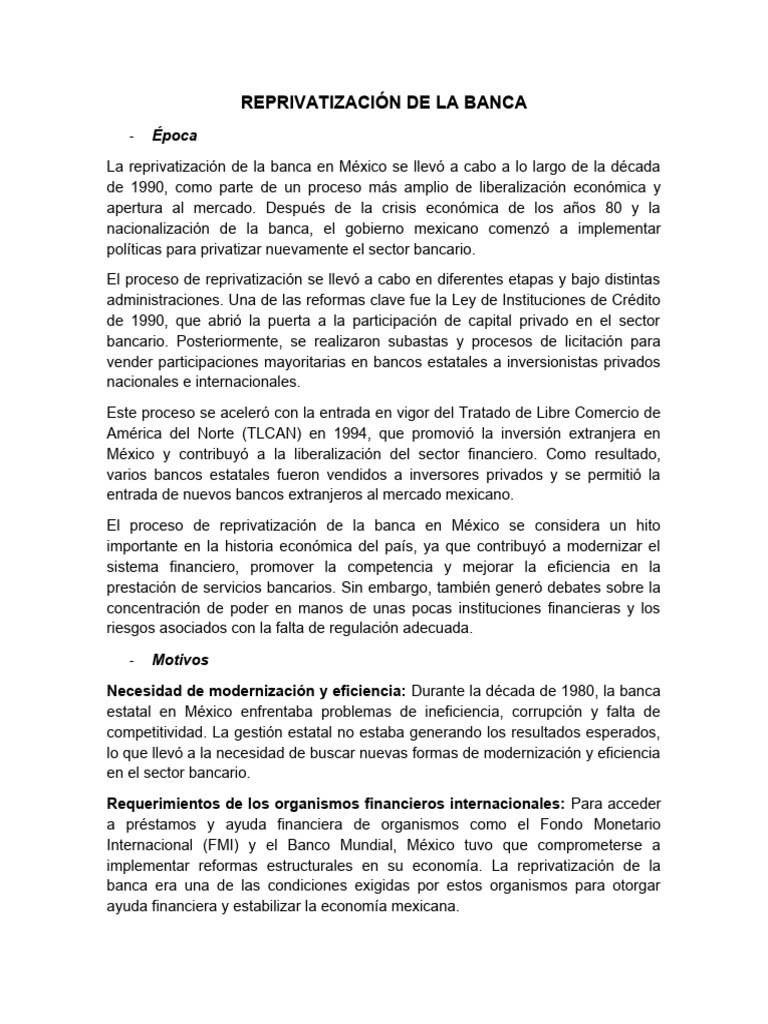 Reprivatización de la Banca en México | PDF | Bancos | Tratado de Libre ...