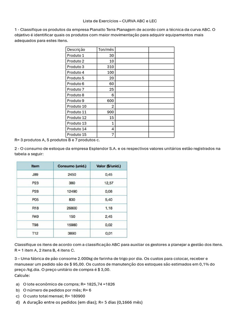 Lista de Exercícios Prova 2 - ABC e LEC | Download grátis PDF ...