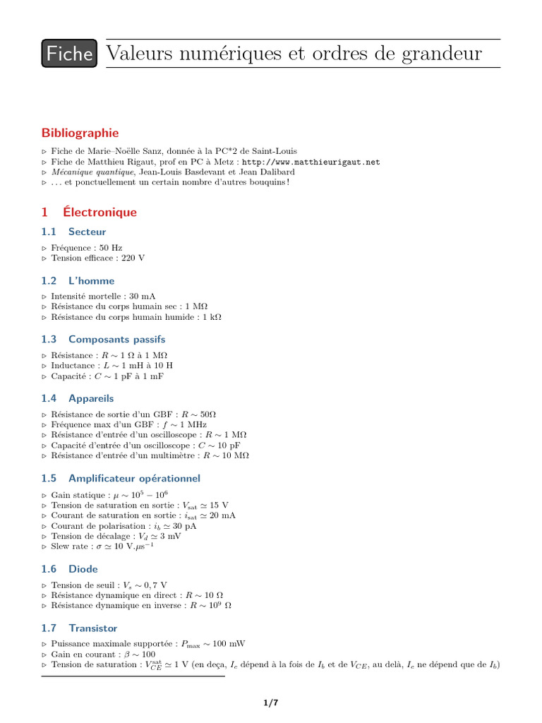 Valeurs Numériques et Ordres de Grandeur | PDF | Indice de réfraction ...