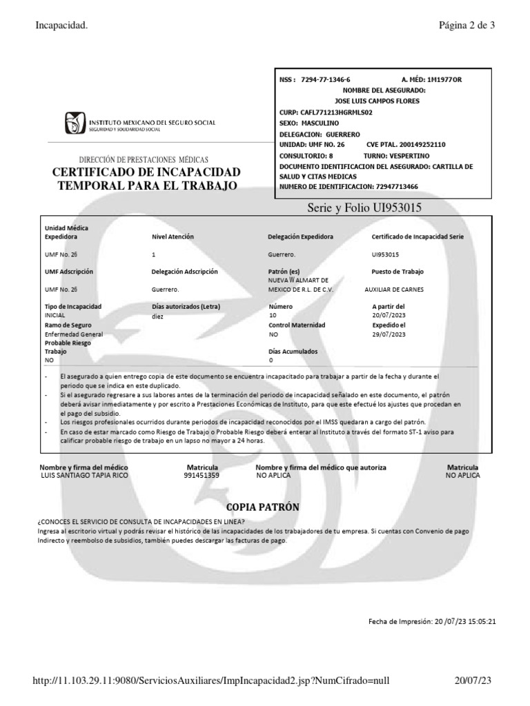 Certificado de Incapacidad Temporal | PDF