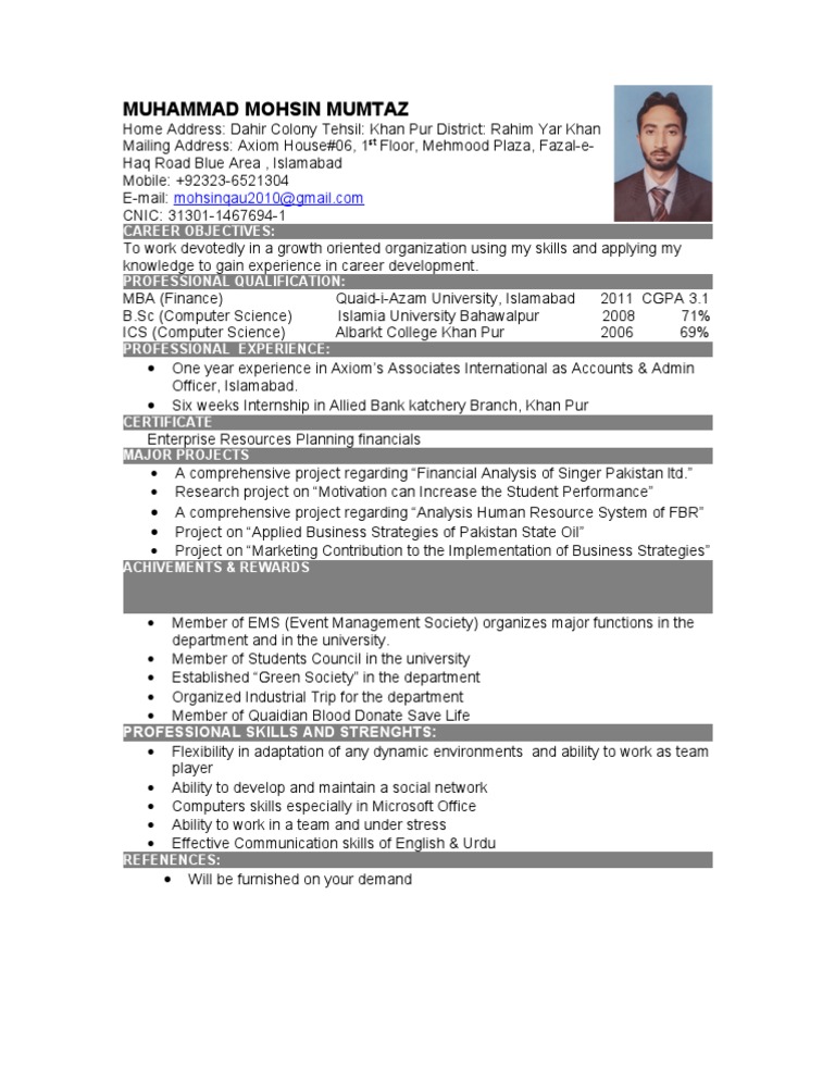 Muhammad Mohsin Mumtaz: CV Overview | PDF | Business