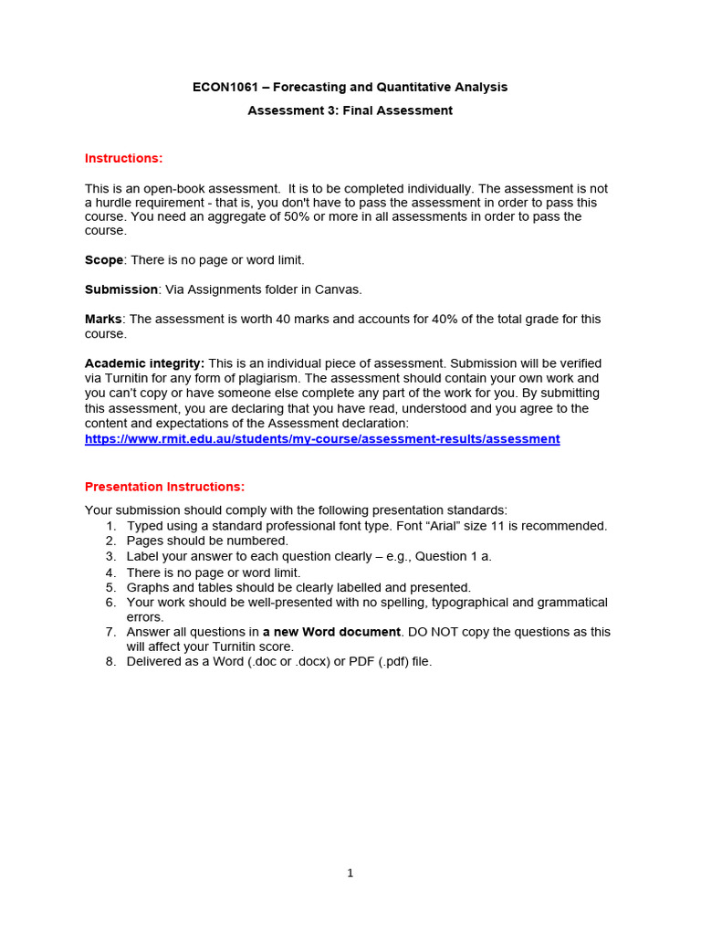ECON1061 Final Assessment Guide | PDF | Forecasting | Regression Analysis