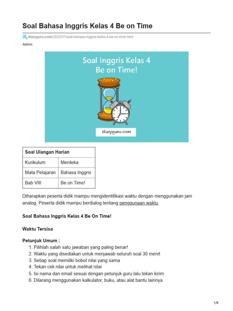 Soal Bahasa Inggris Kelas 4: Be On Time | PDF | Language Arts & Discipline