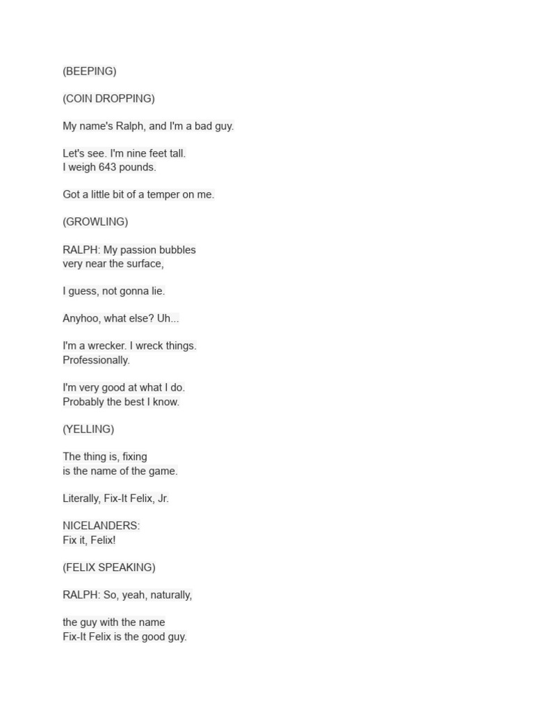 The Entire Wreck It Ralph Script | PDF