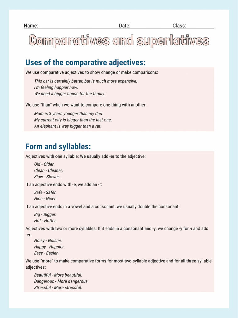 Blue pink simple comparatives and superlatives worksheets pdf