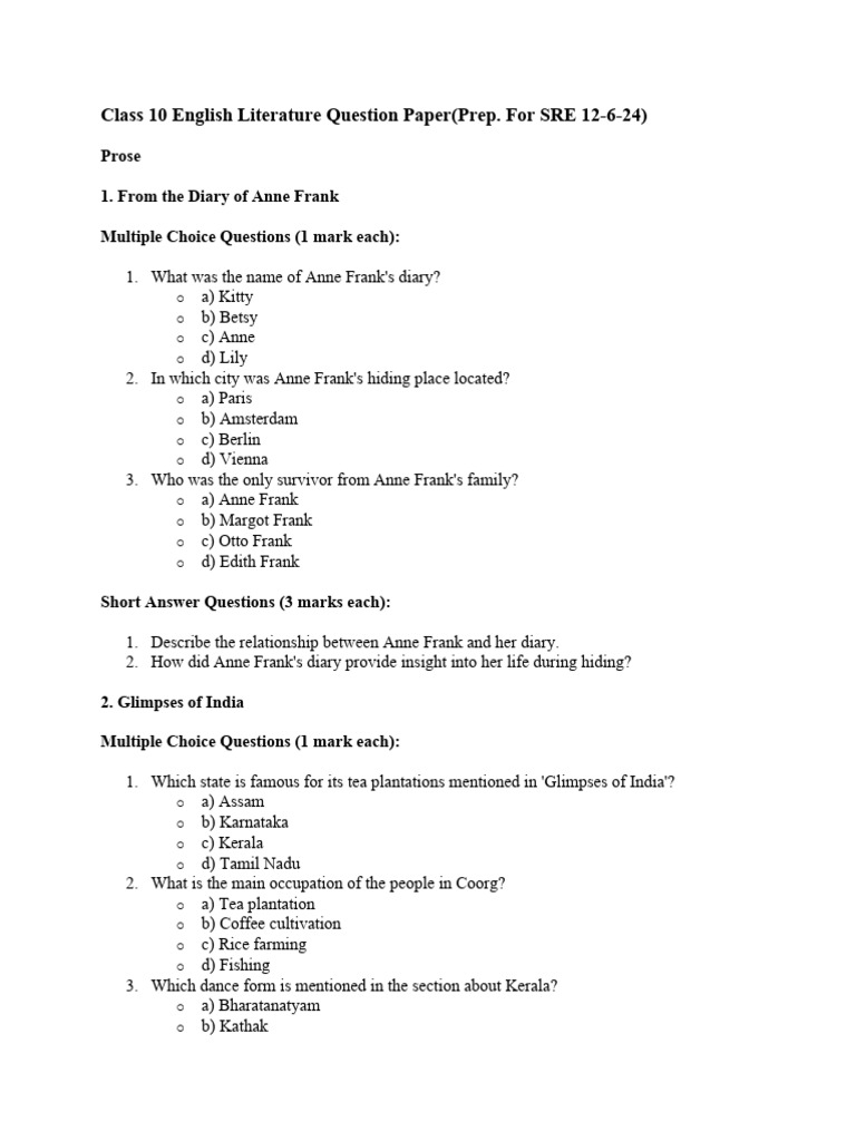 Qp test prep class 10 english literature question paper download free