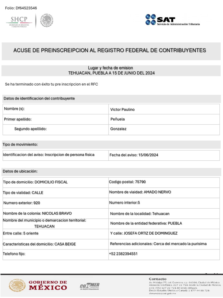 Acuse de Preinscripción al RFC Tehuacán | PDF