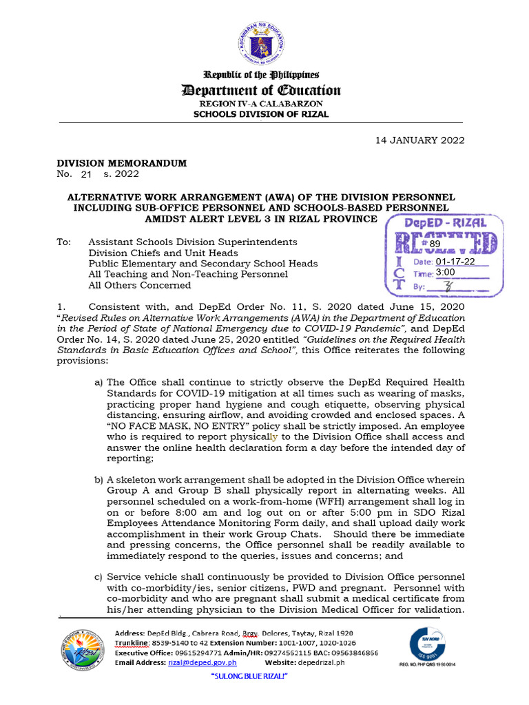 AWA Guidelines for Rizal Division Personnel | PDF | Common Cold | Pandemic