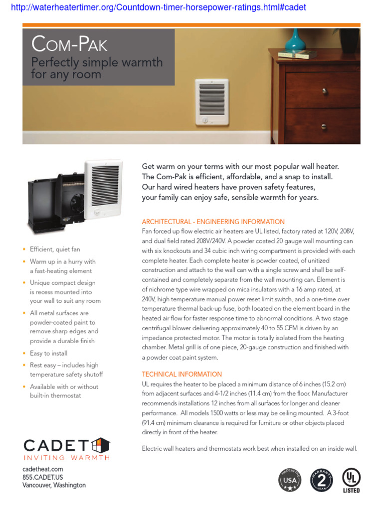 Cadet Wall Heater Specs Sheet | PDF | Wall | Fuse (Electrical)