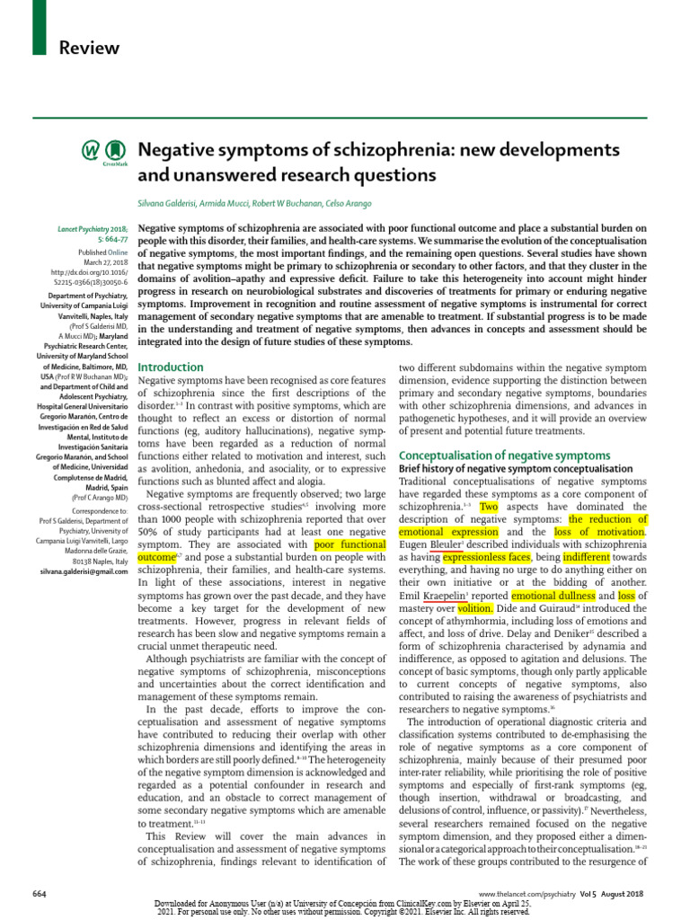 Negative Symptoms of Schizophrenia New Developments | PDF ...
