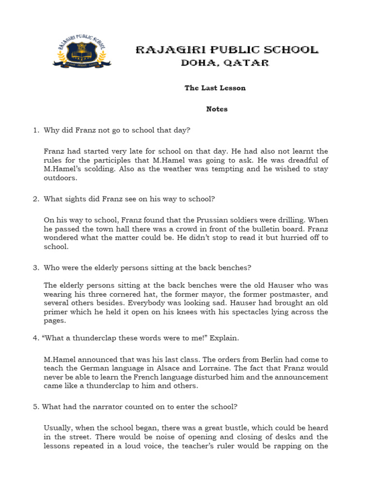 The Last Lesson Notes PDF