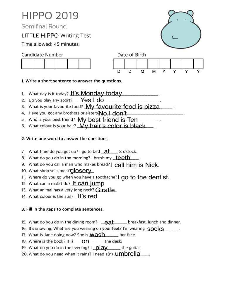 Little Hippo Writing Test 2019 | PDF