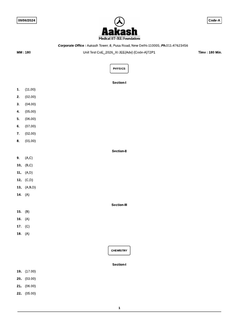 Unit Test CoE - 2026 - XI JEE (Adv) (Code-A) T2P1 - Answer Key | PDF