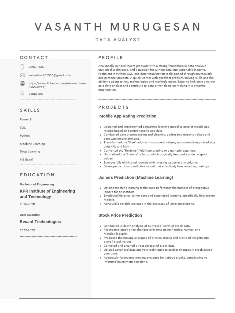 Vasanth DA Resume-1 | PDF | Data Analysis | Machine Learning