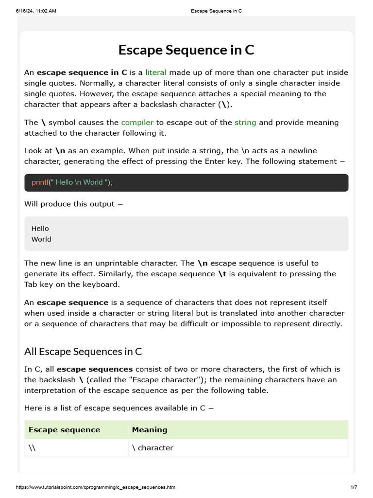 Escape Sequence in C | Download Free PDF | Text | Computing